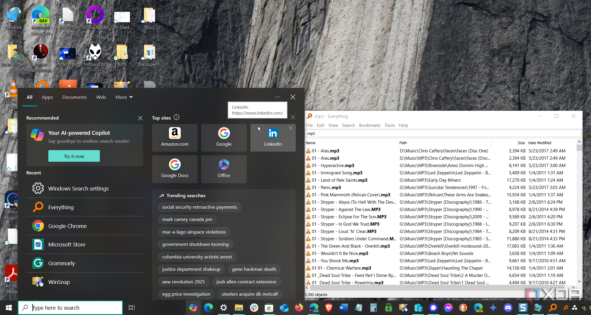 screenshot showing search on Windows Taskbar next to Everything app