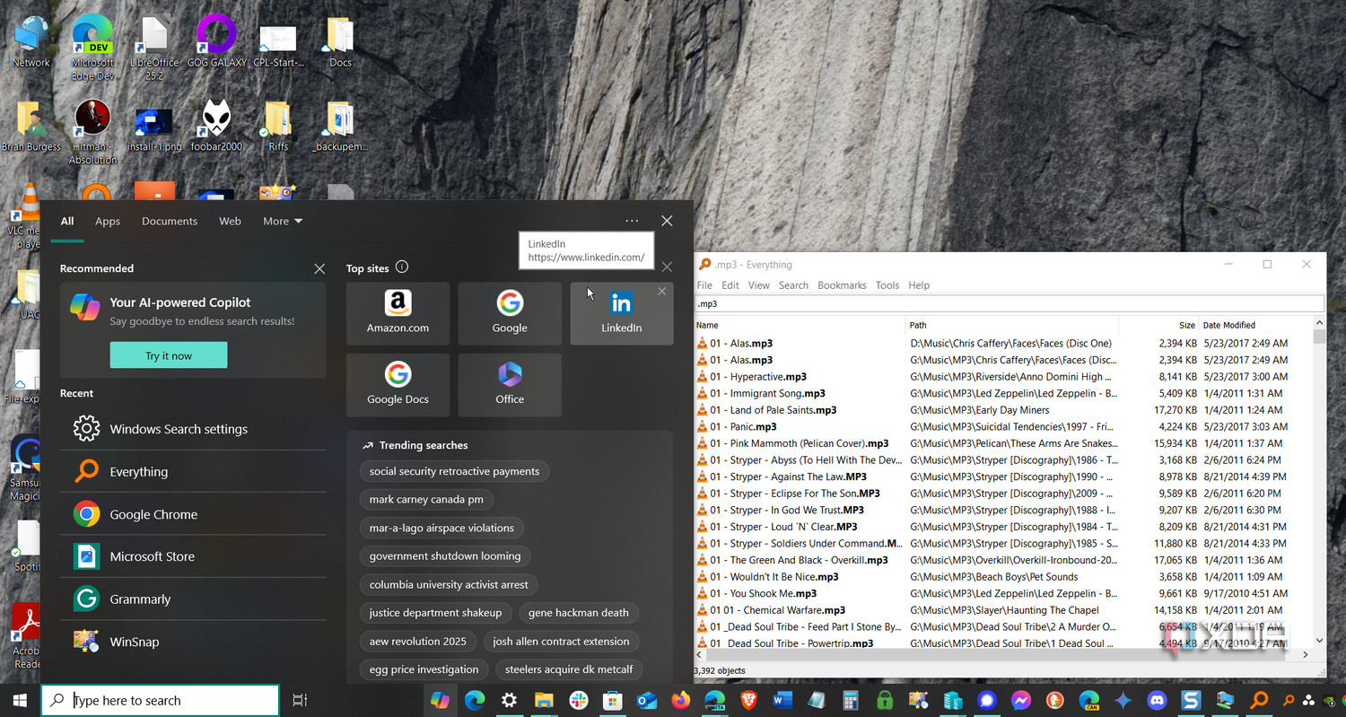 screenshot showing search on Windows Taskbar next to Everything app