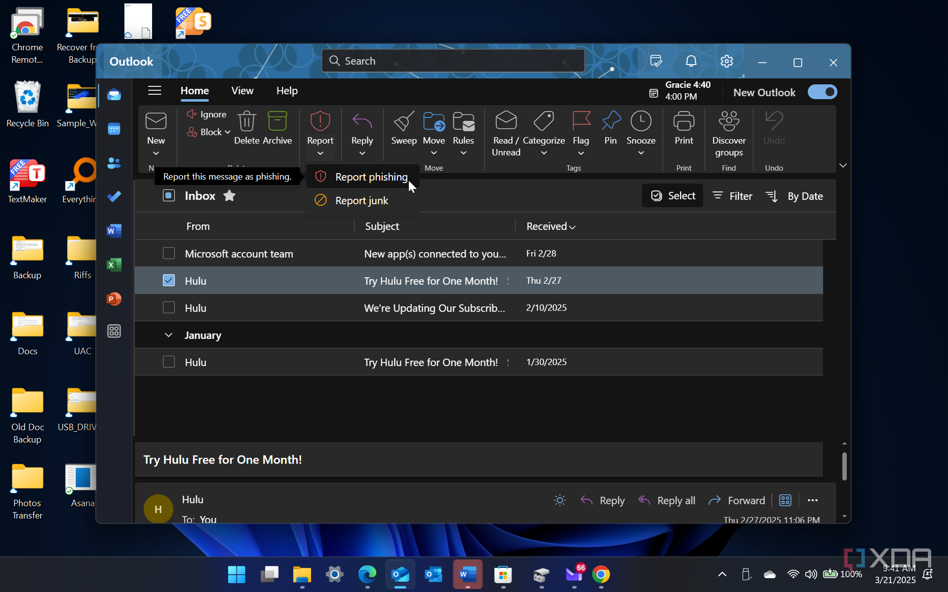 showing how to report email in Outlook app from ribbon