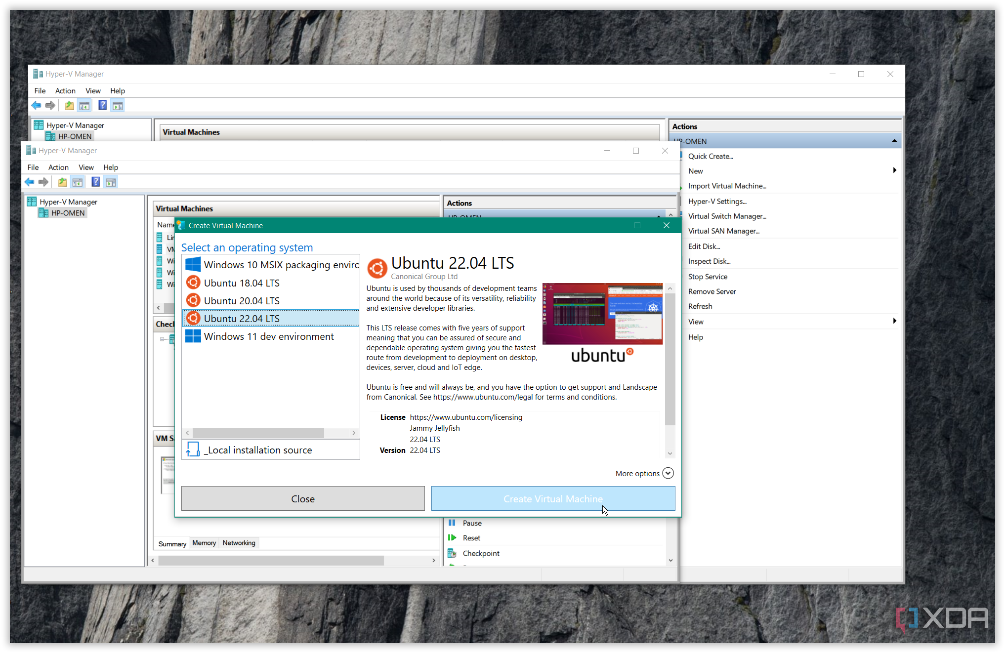 screenshot shows running Ubuntu via quick create in hyper-v