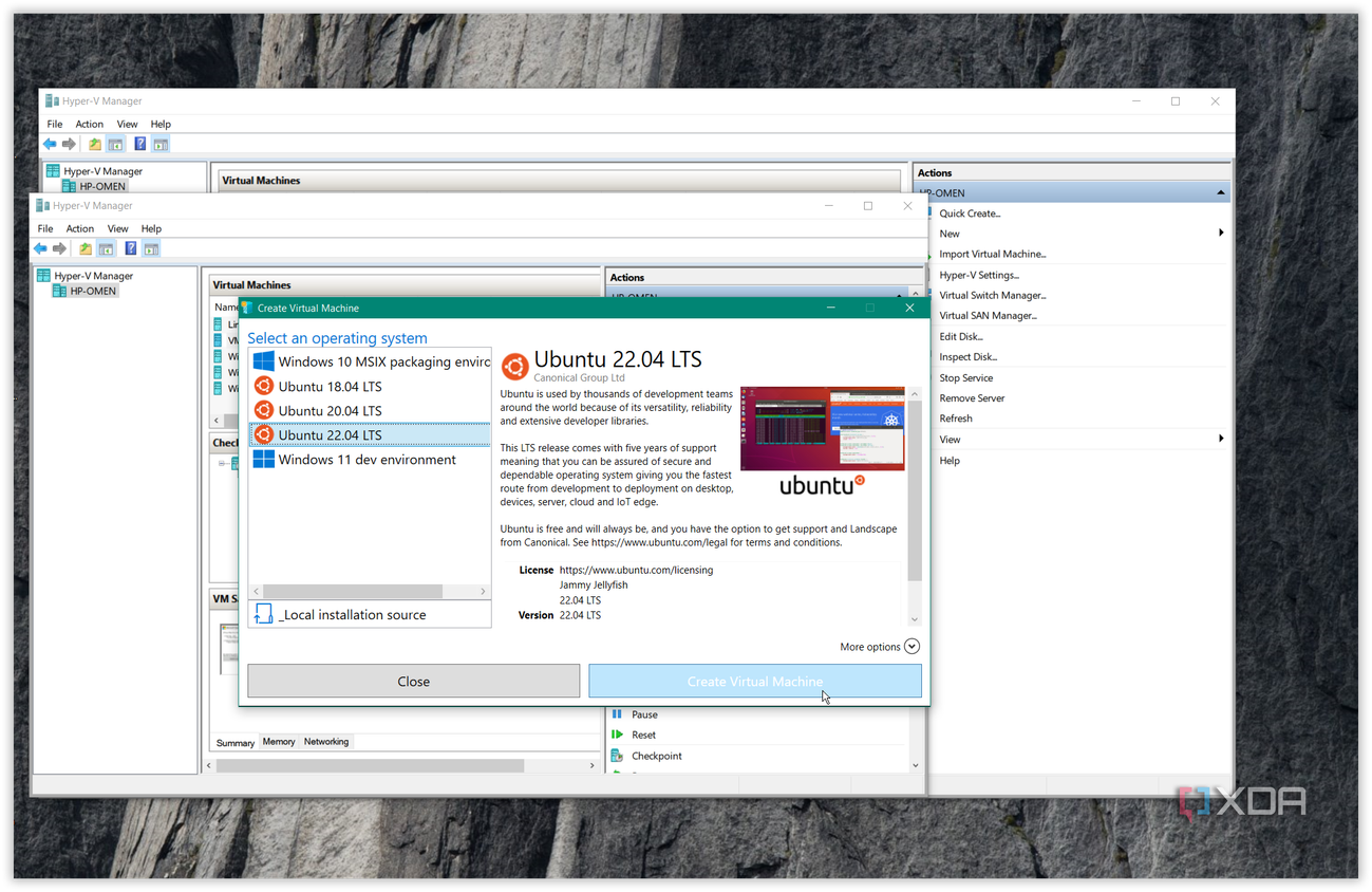 screenshot shows running Ubuntu via quick create in hyper-v