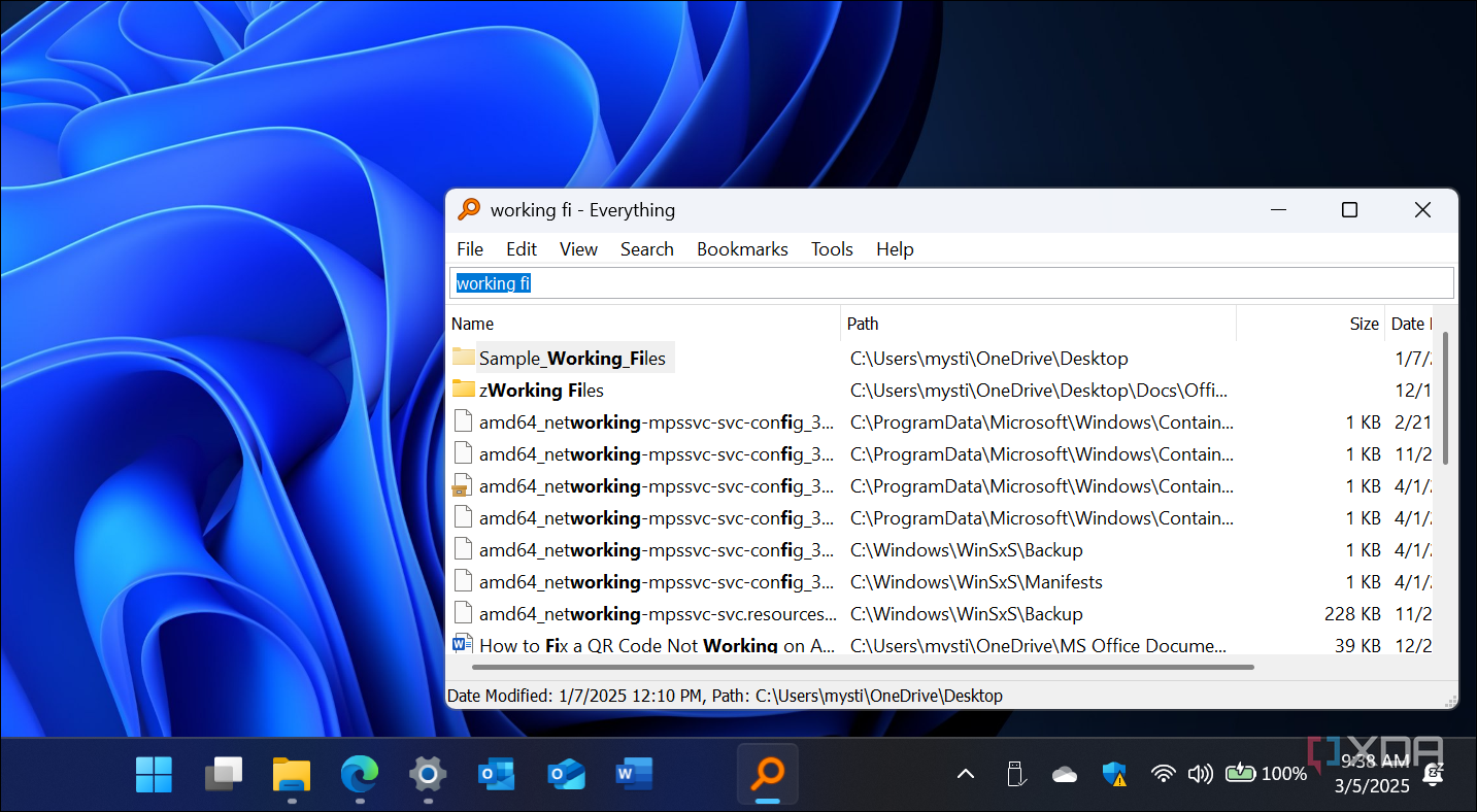 Screenshot show Everything installed on Windows 11 and using it to search for files and folders