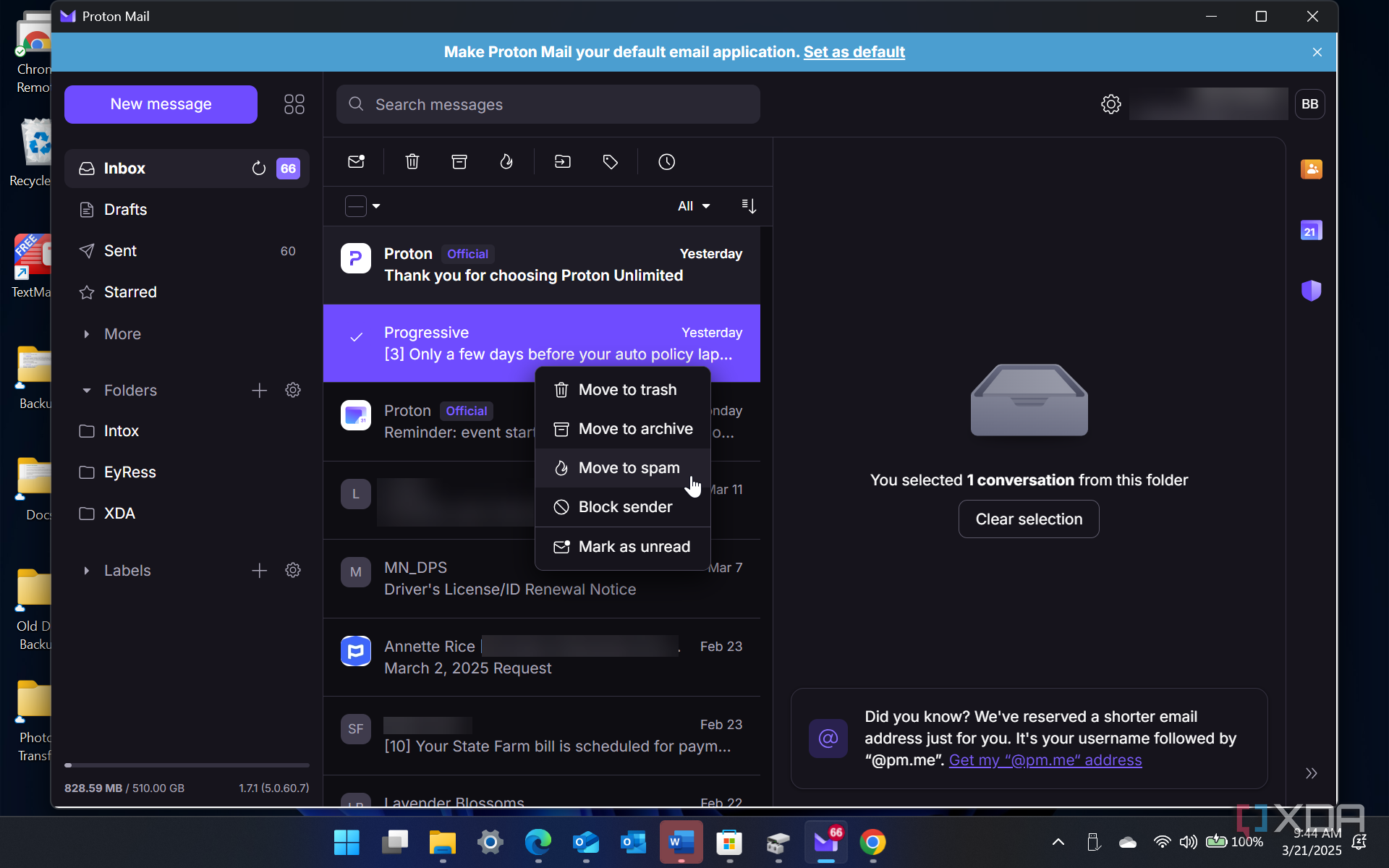 Showing how to move spam in Proton Mail client on Windows 11