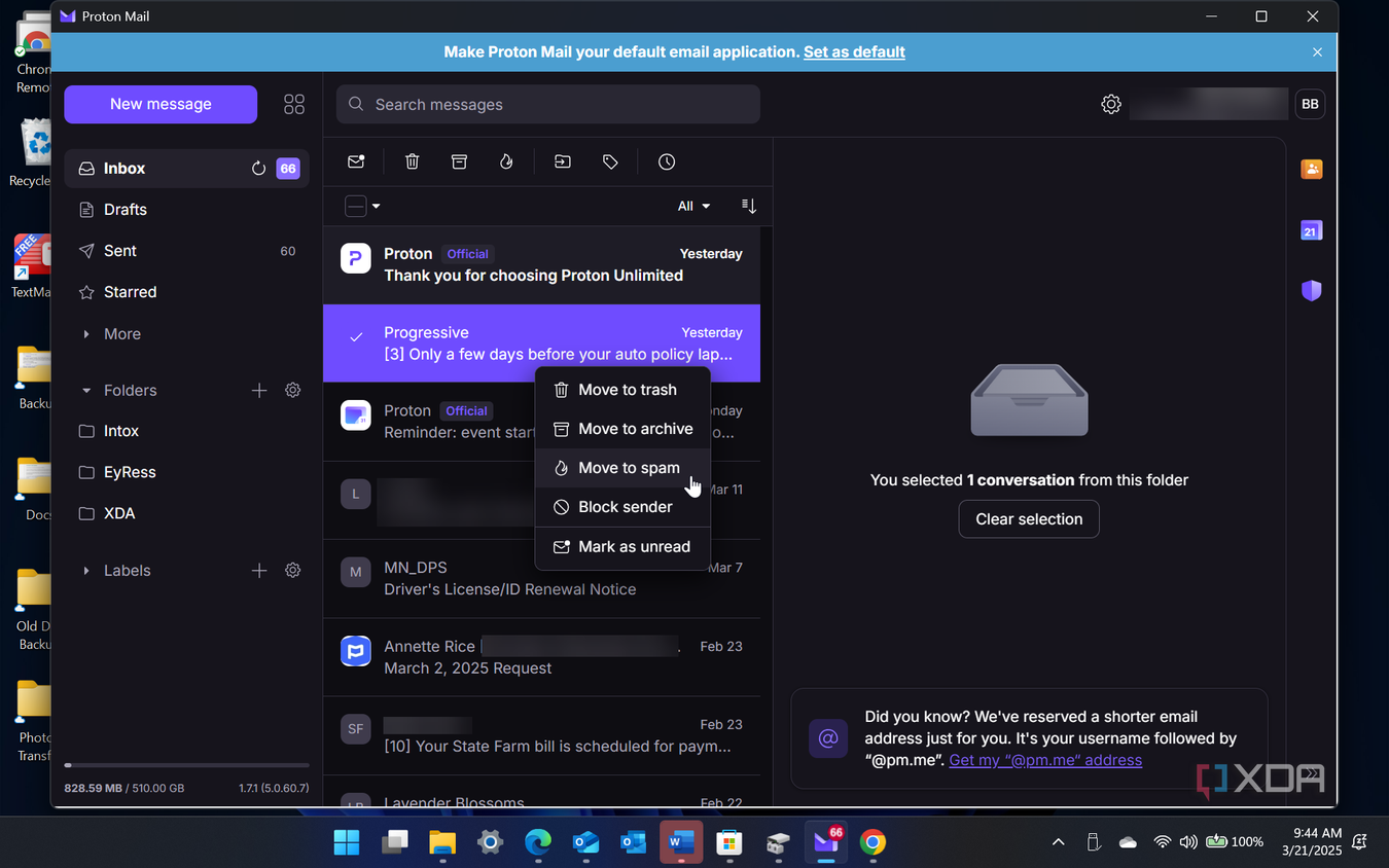 Showing how to move spam in Proton Mail client on Windows 11