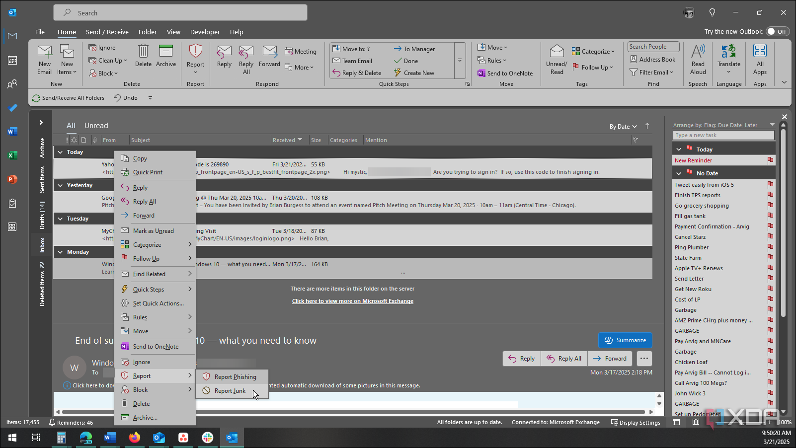 Reporting email spam in Outlook 365 client