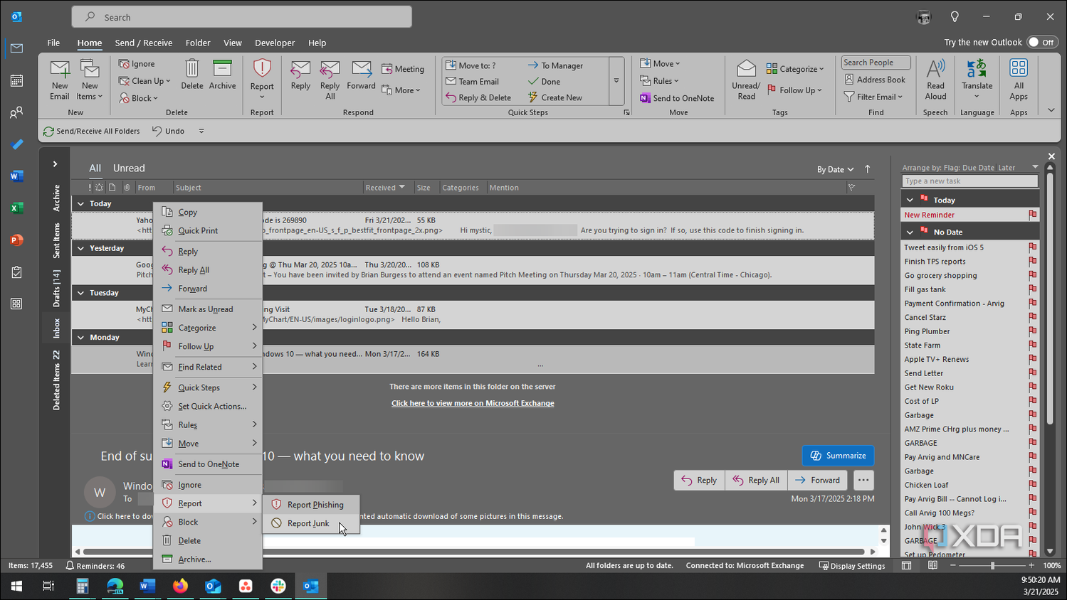 Reporting email spam in Outlook 365 client