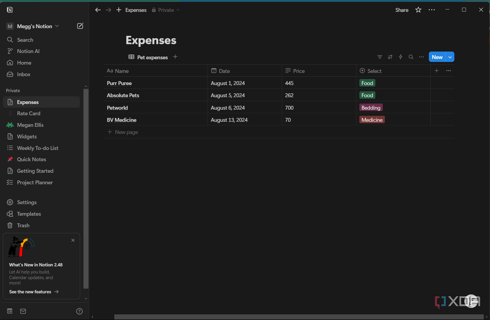 a database in notion with pet expenses