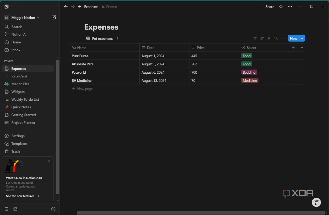 a database in notion with pet expenses