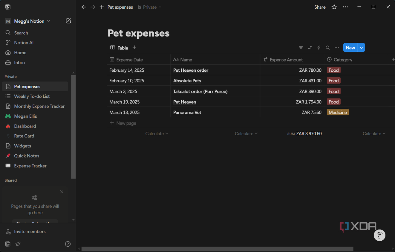 a simple pet expenses form in notion