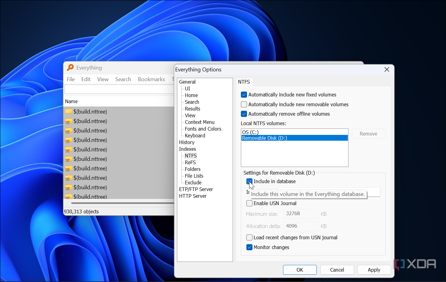 screenshot show adding drives to the Everything search index