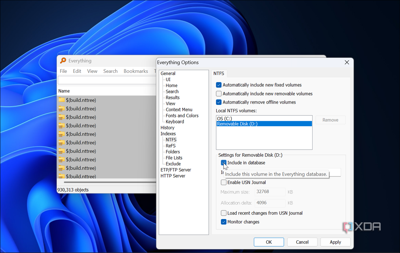 screenshot show adding drives to the Everything search index