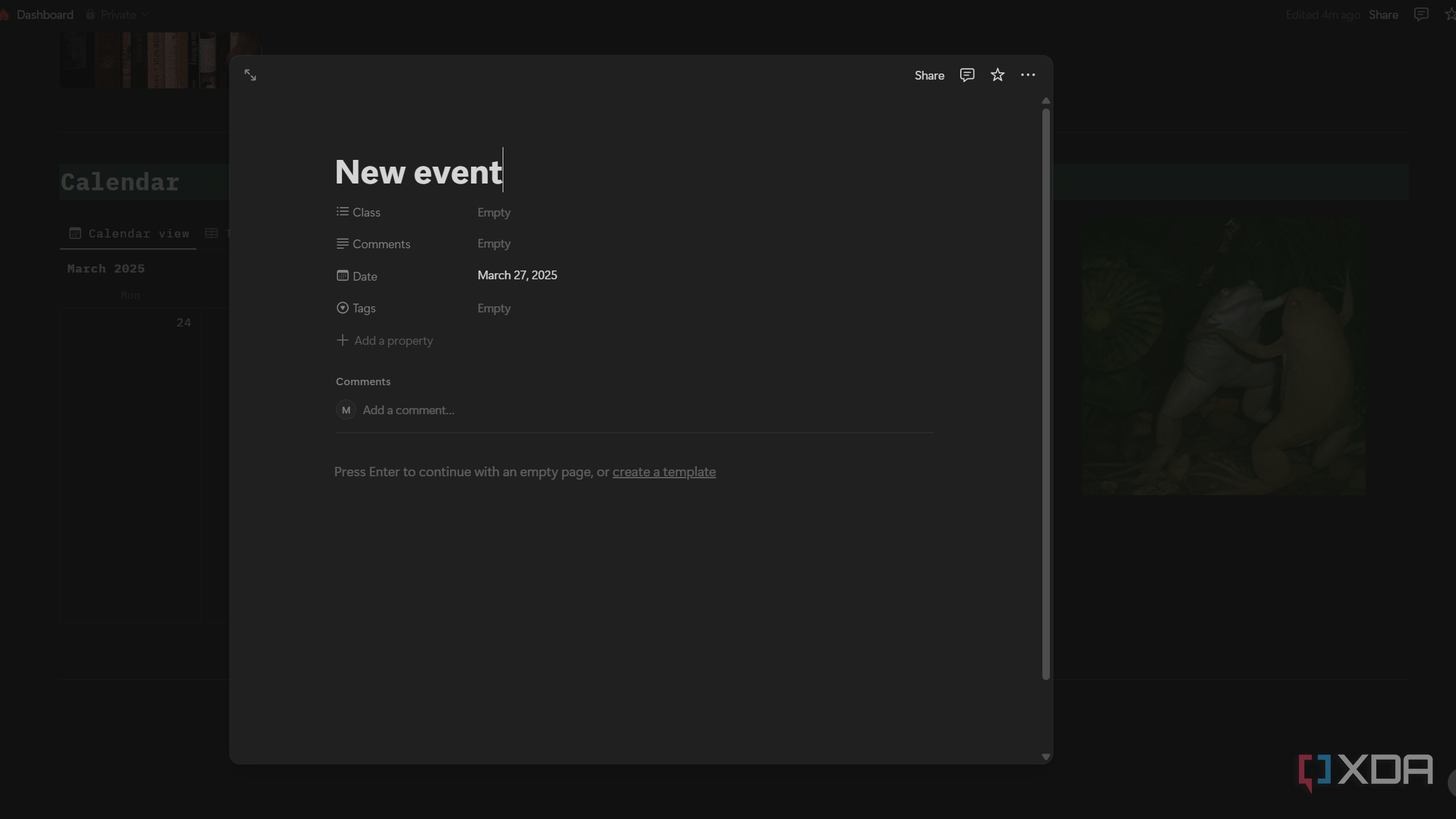 adding a new event in notion