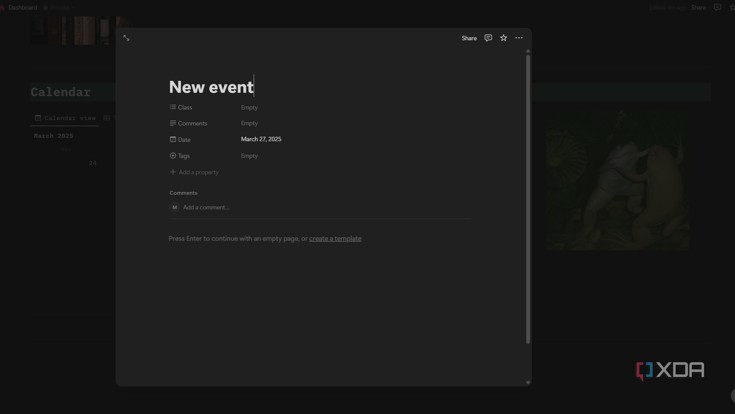 adding a new event in notion