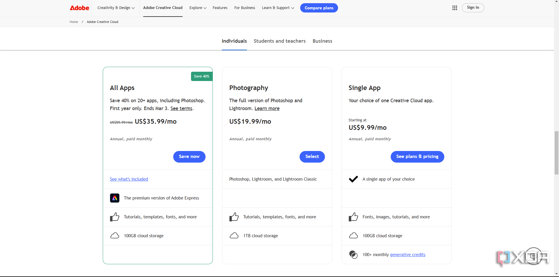 Adobe All Apps home page