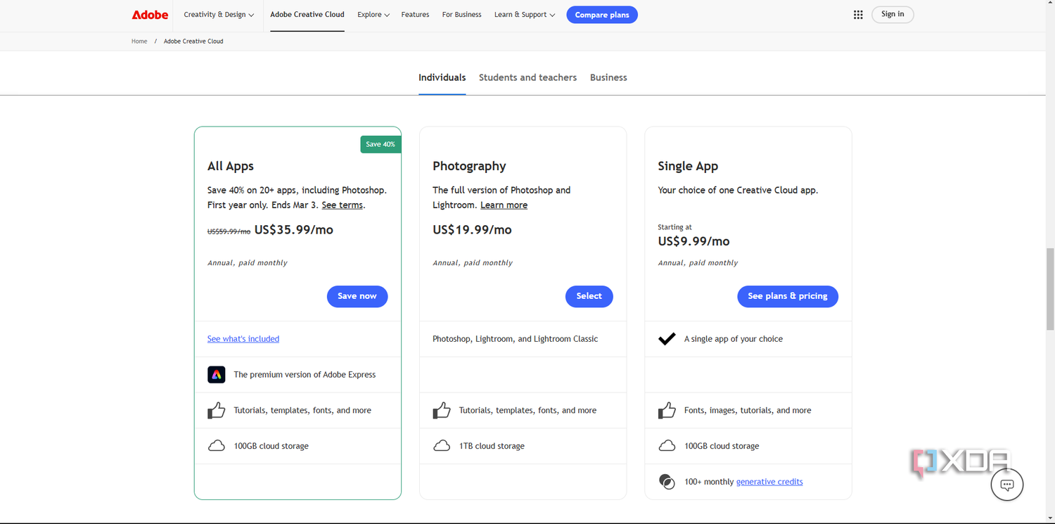 Adobe All Apps home page