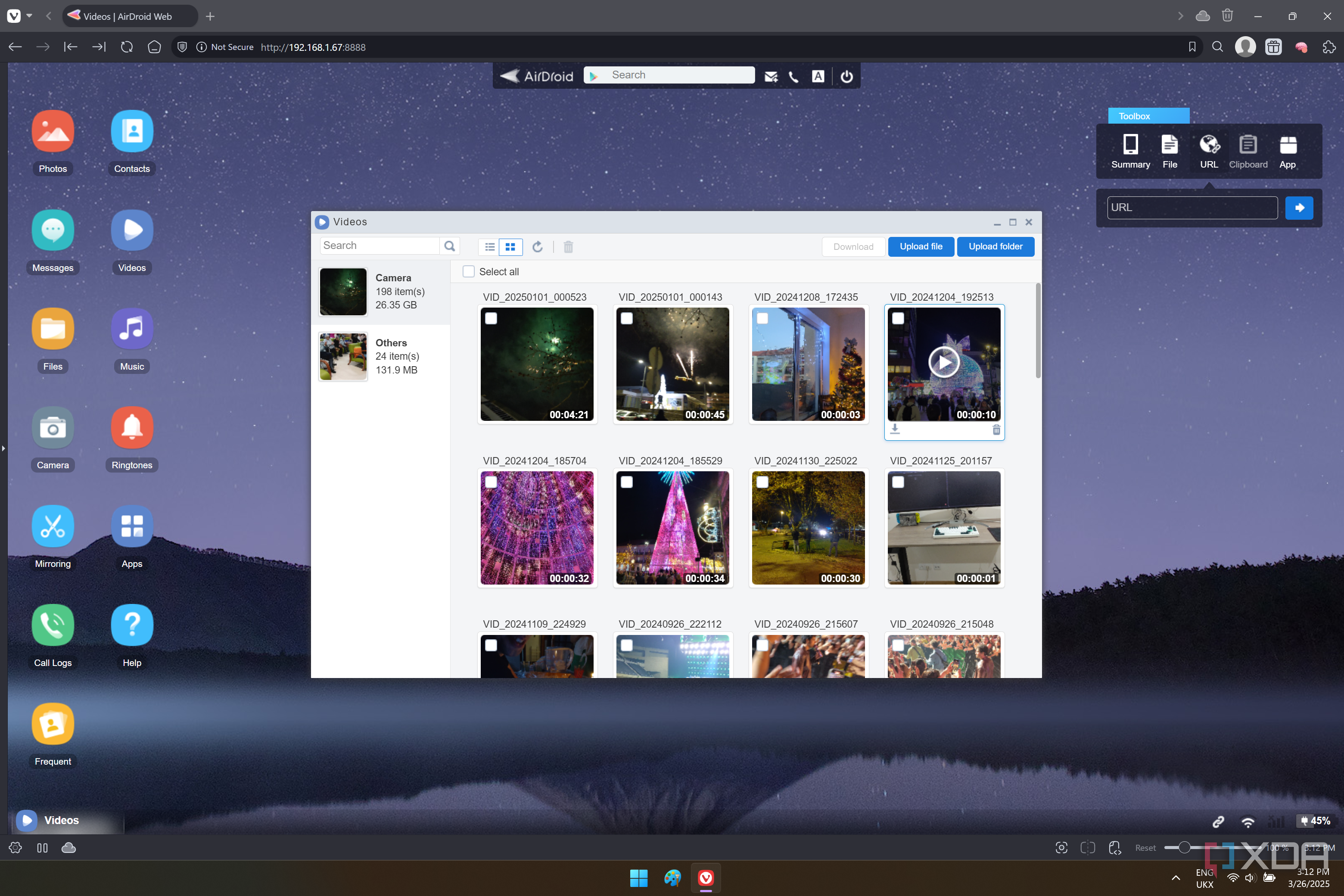 Screenshot of AirDroid web showing video files on a linked phone