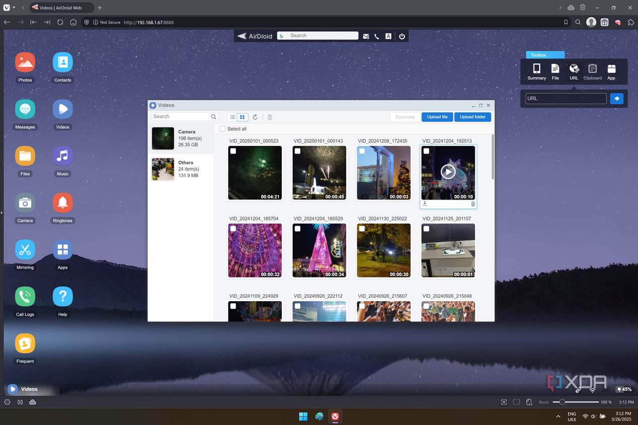 Screenshot of AirDroid web showing video files on a linked phone