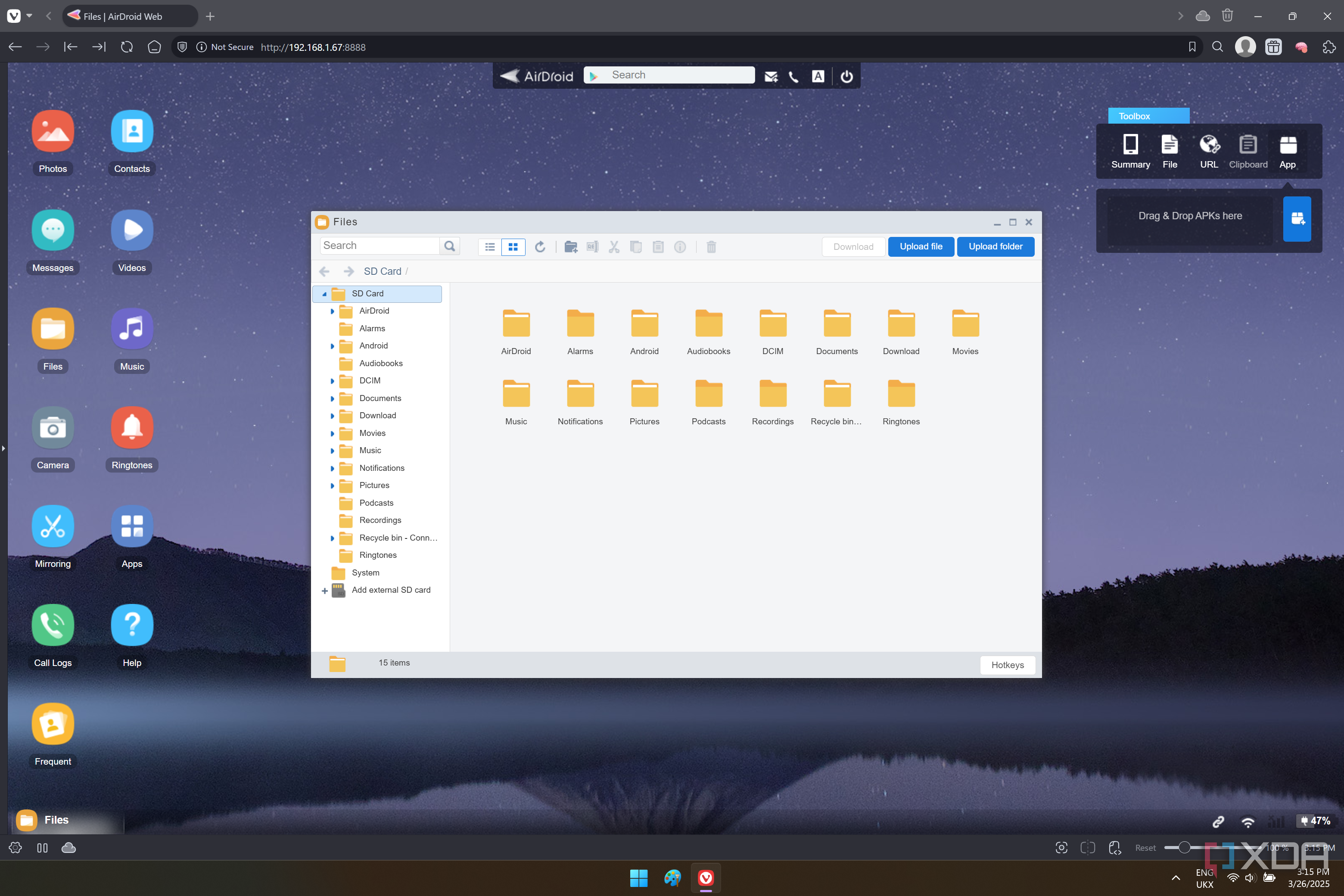 Screenshot of AirDroid Web showing the file system on a linked phone