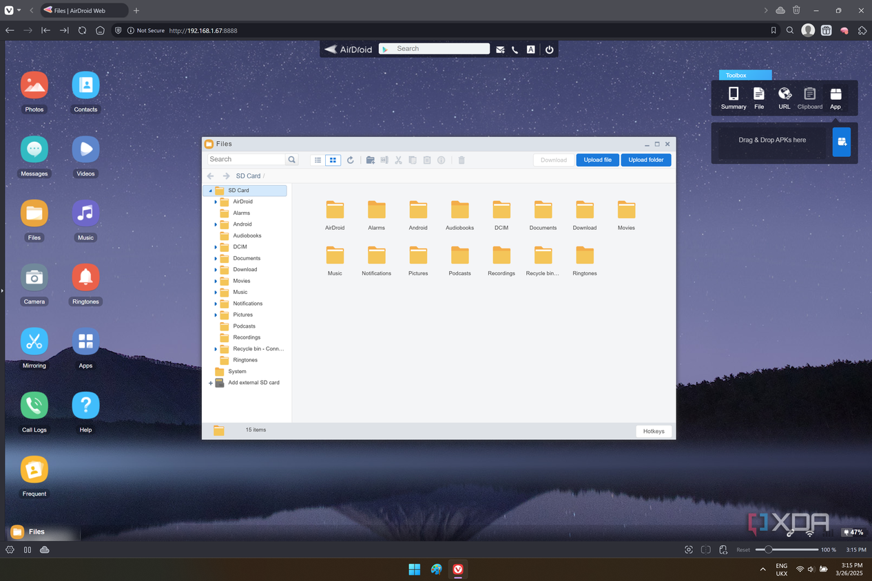 Screenshot of AirDroid Web showing the file system on a linked phone