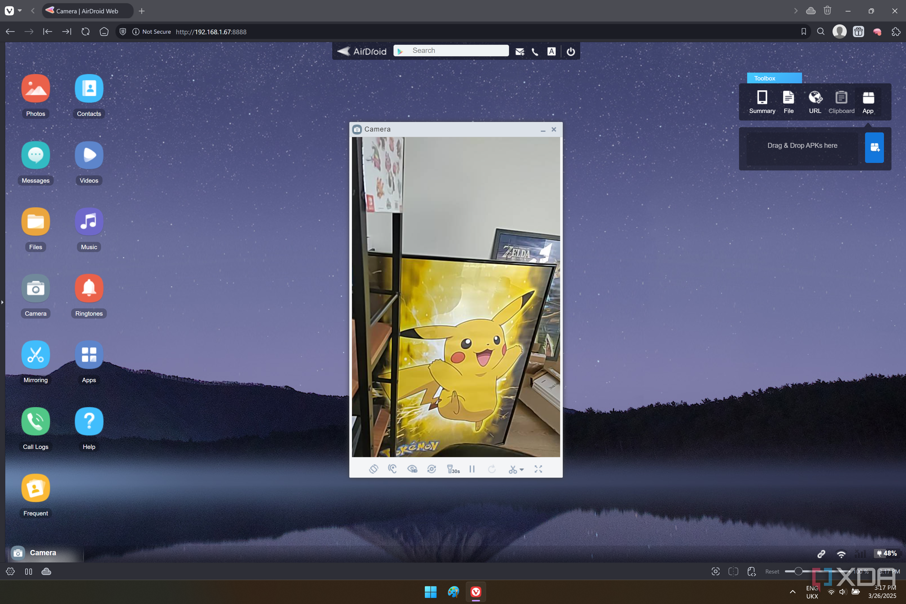 Screenshot of AirDroid Web showing a camera feed from a linked phone