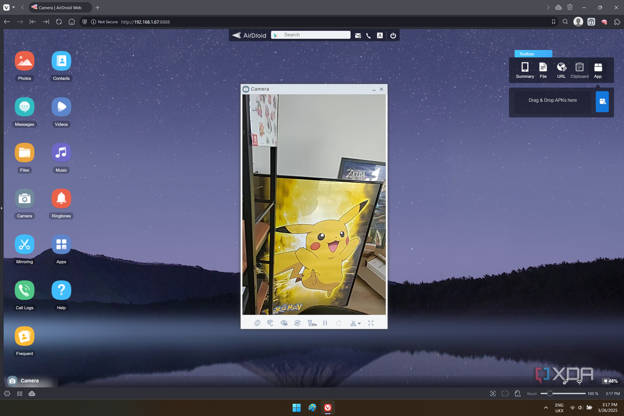 Screenshot of AirDroid Web showing a camera feed from a linked phone