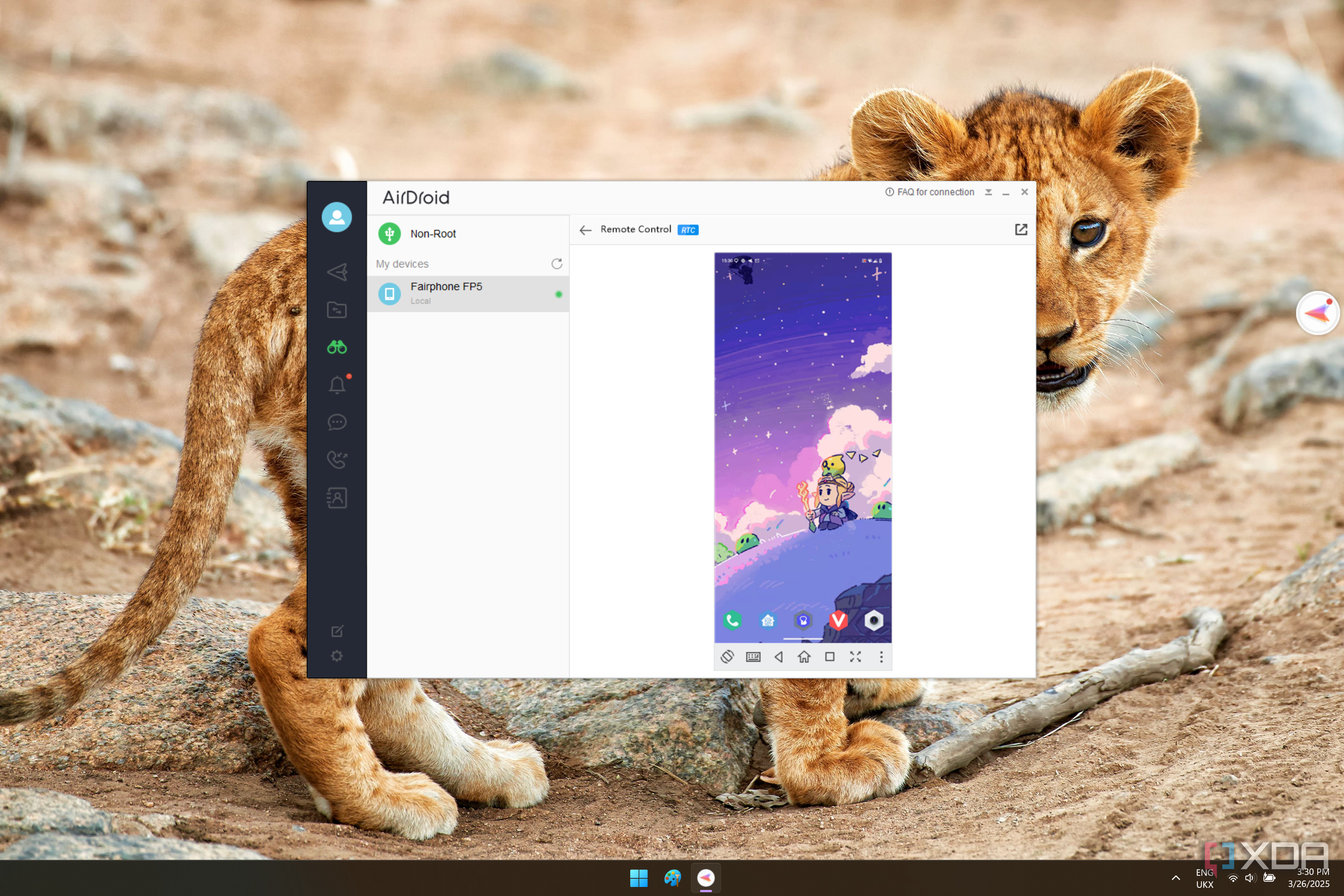 Scrreenshot of AirDroid Desktop on Windows 11 showing a phone's screen with remote control