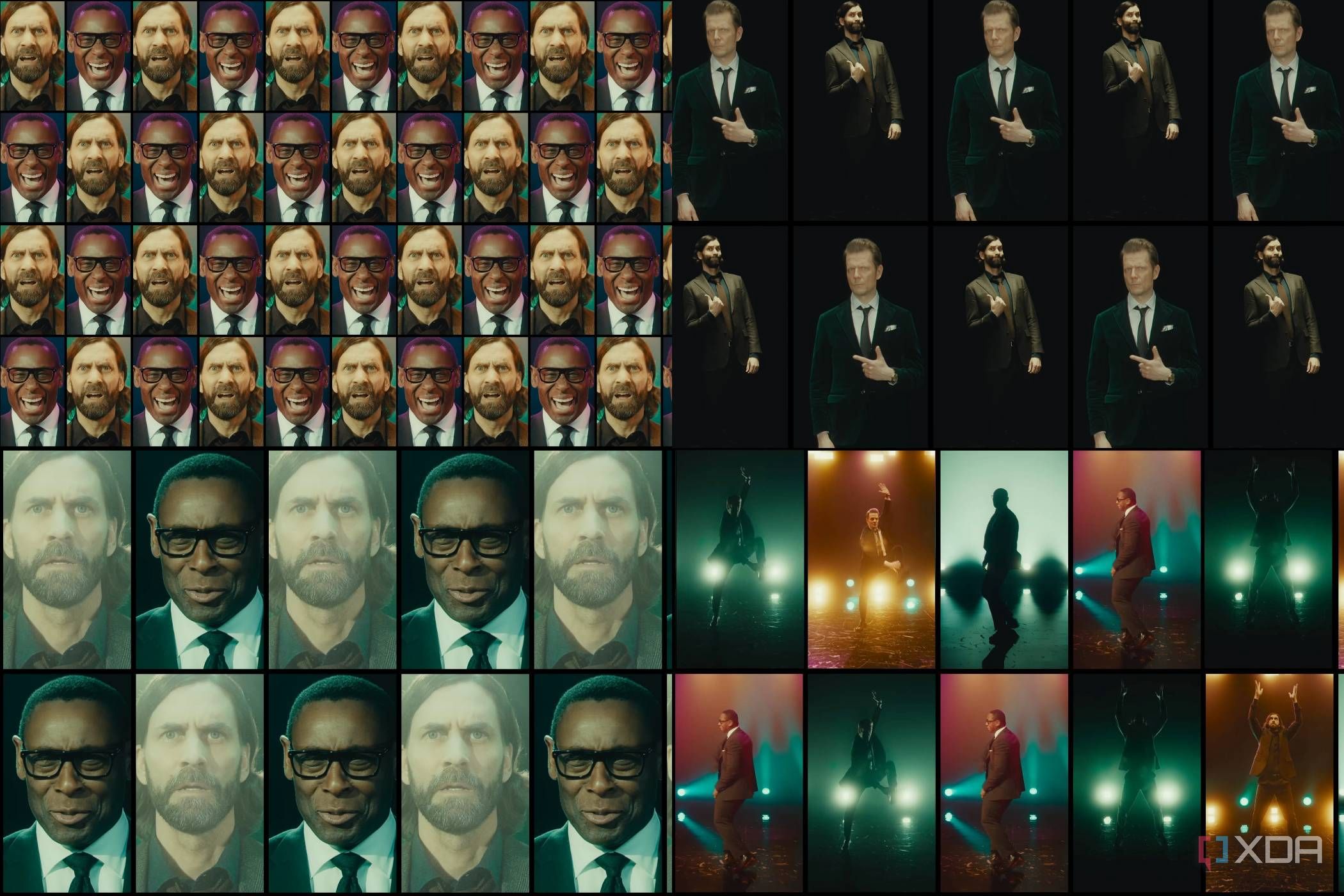A collage of images from the game "Alan Wake II", showing three men dancing and making different facial expressions.