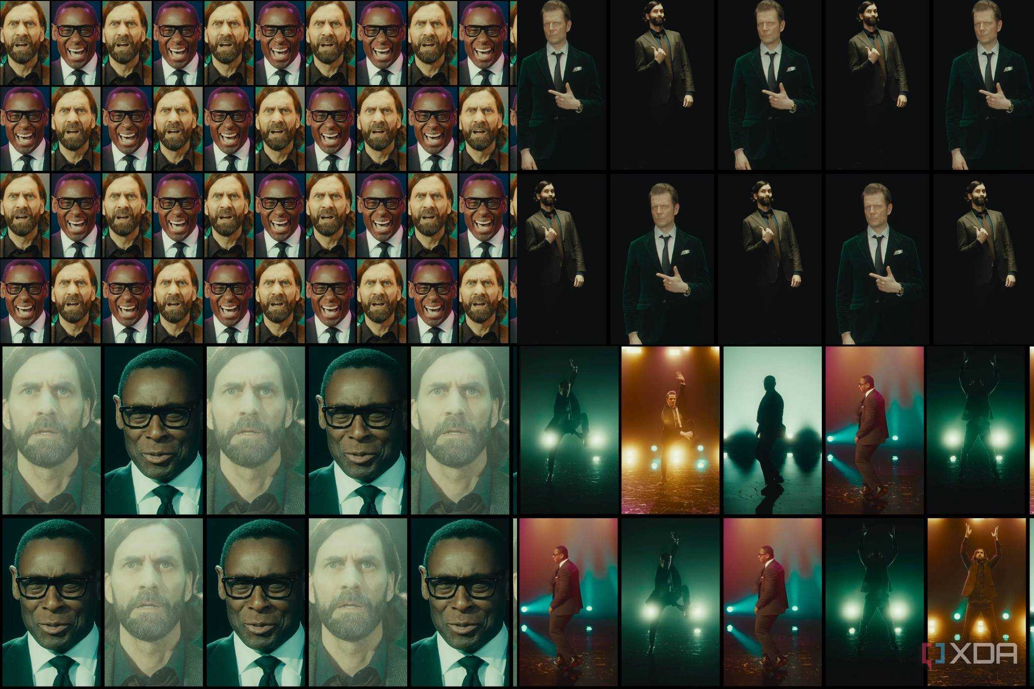 A collage of images from the game "Alan Wake II", showing three men dancing and making different facial expressions.