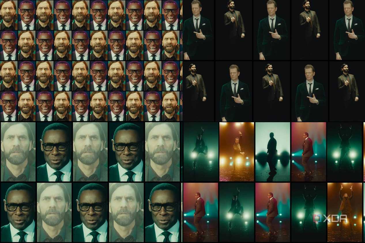 A collage of images from the game "Alan Wake II", showing three men dancing and making different facial expressions.