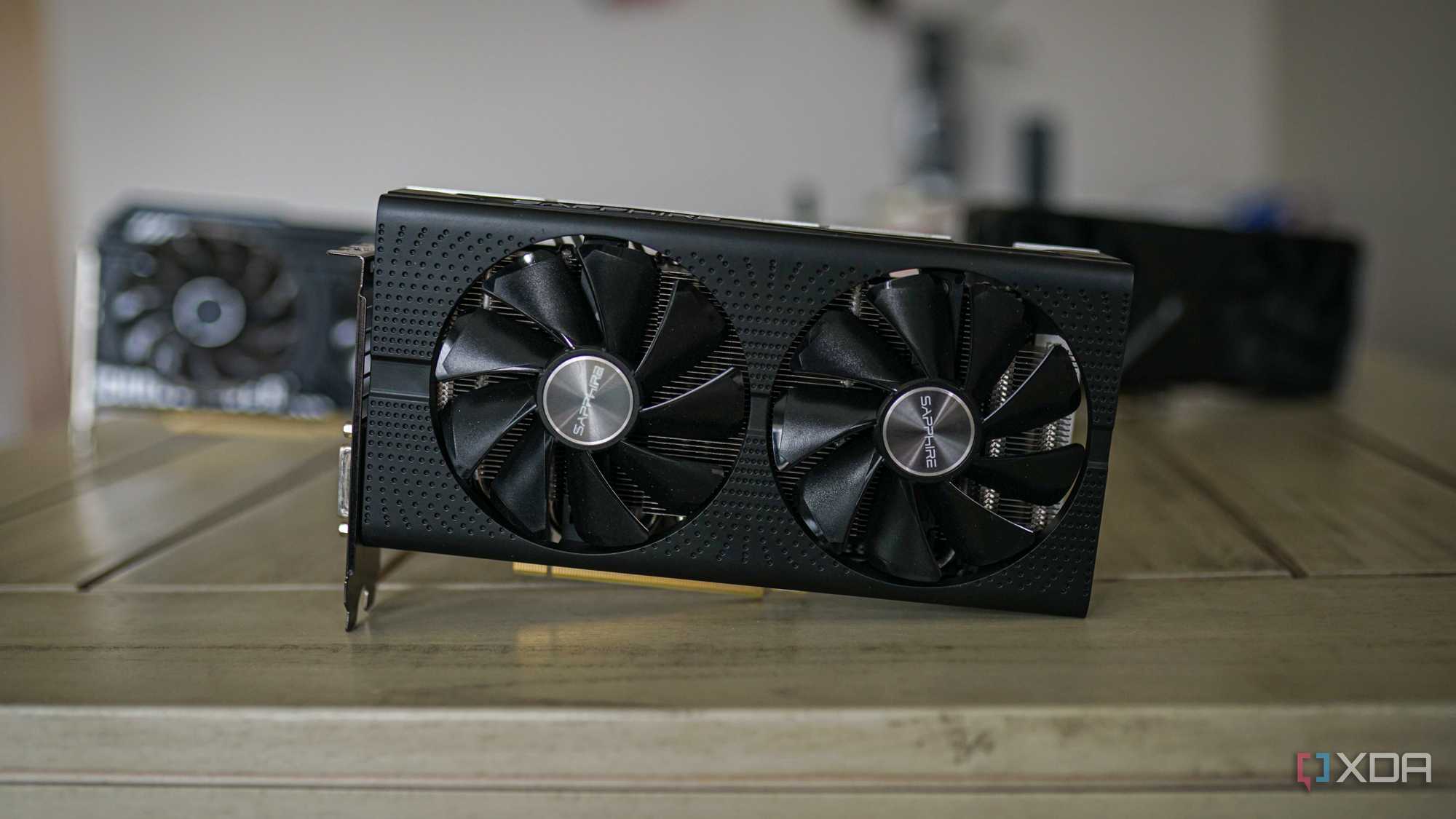The AMD RX 580 sitting among other graphics cards.