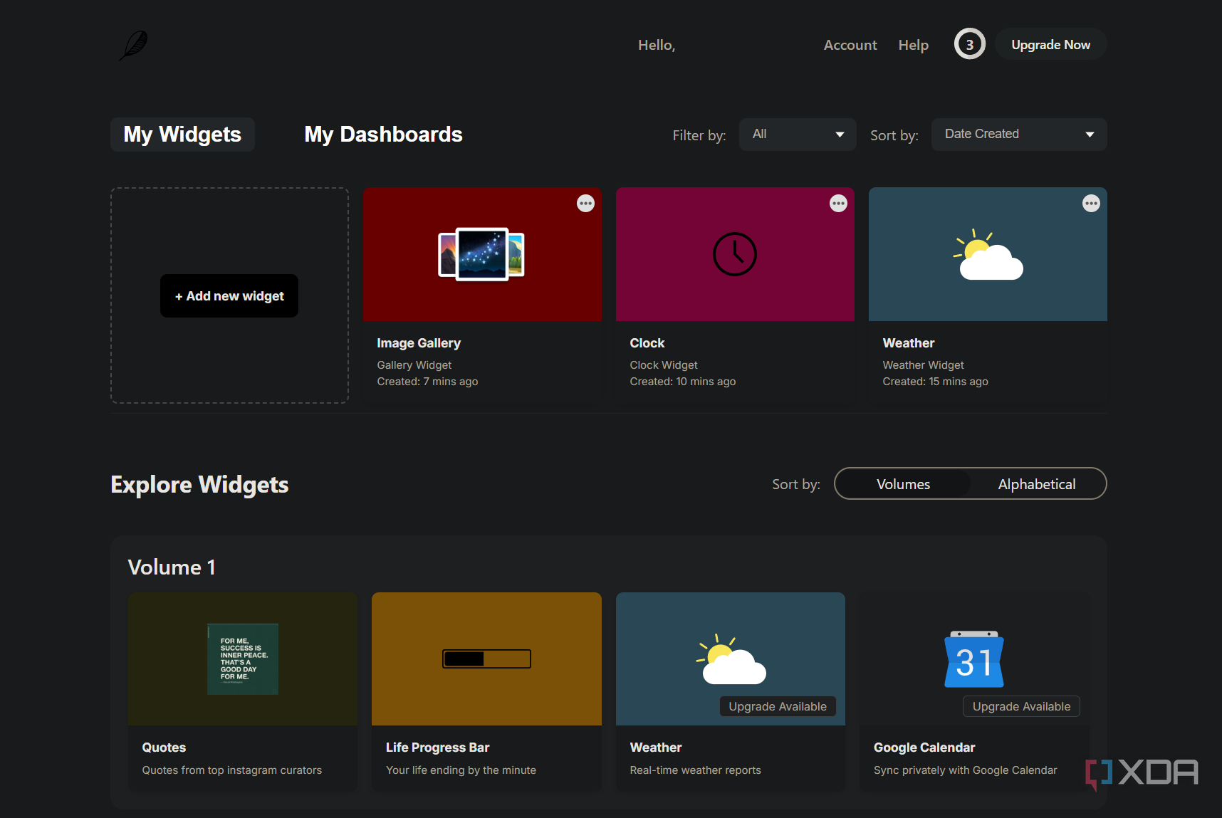 an indify account with different widgets