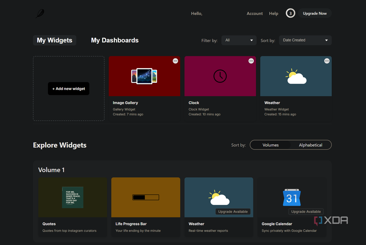an indify account with different widgets
