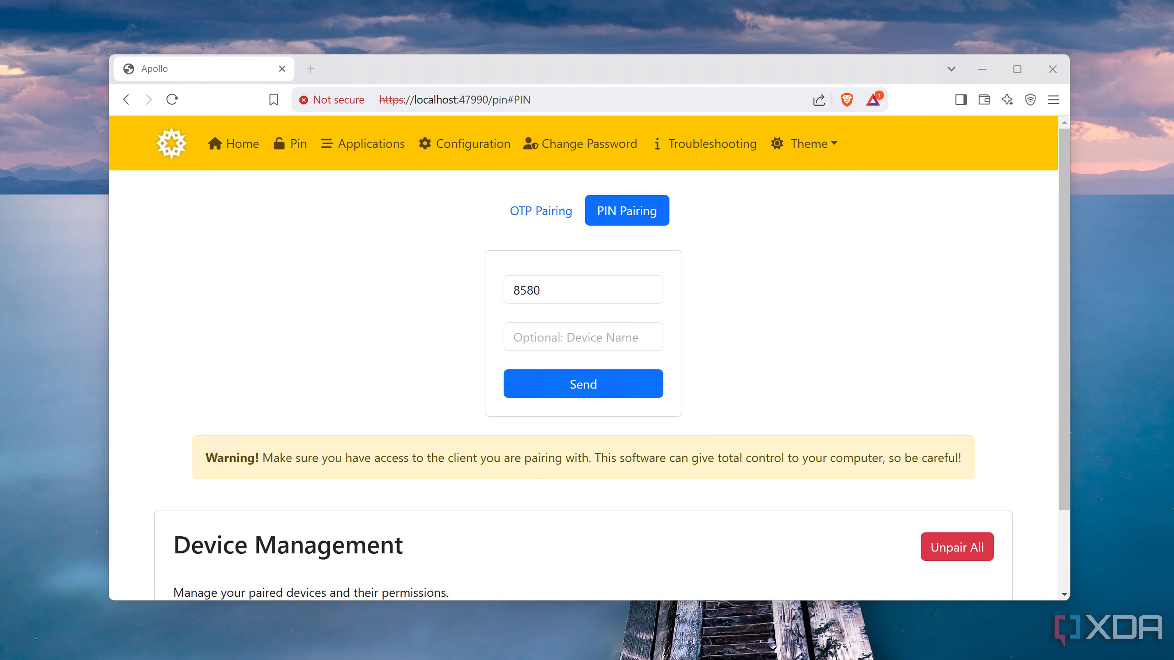 The web UI of the Apollo server