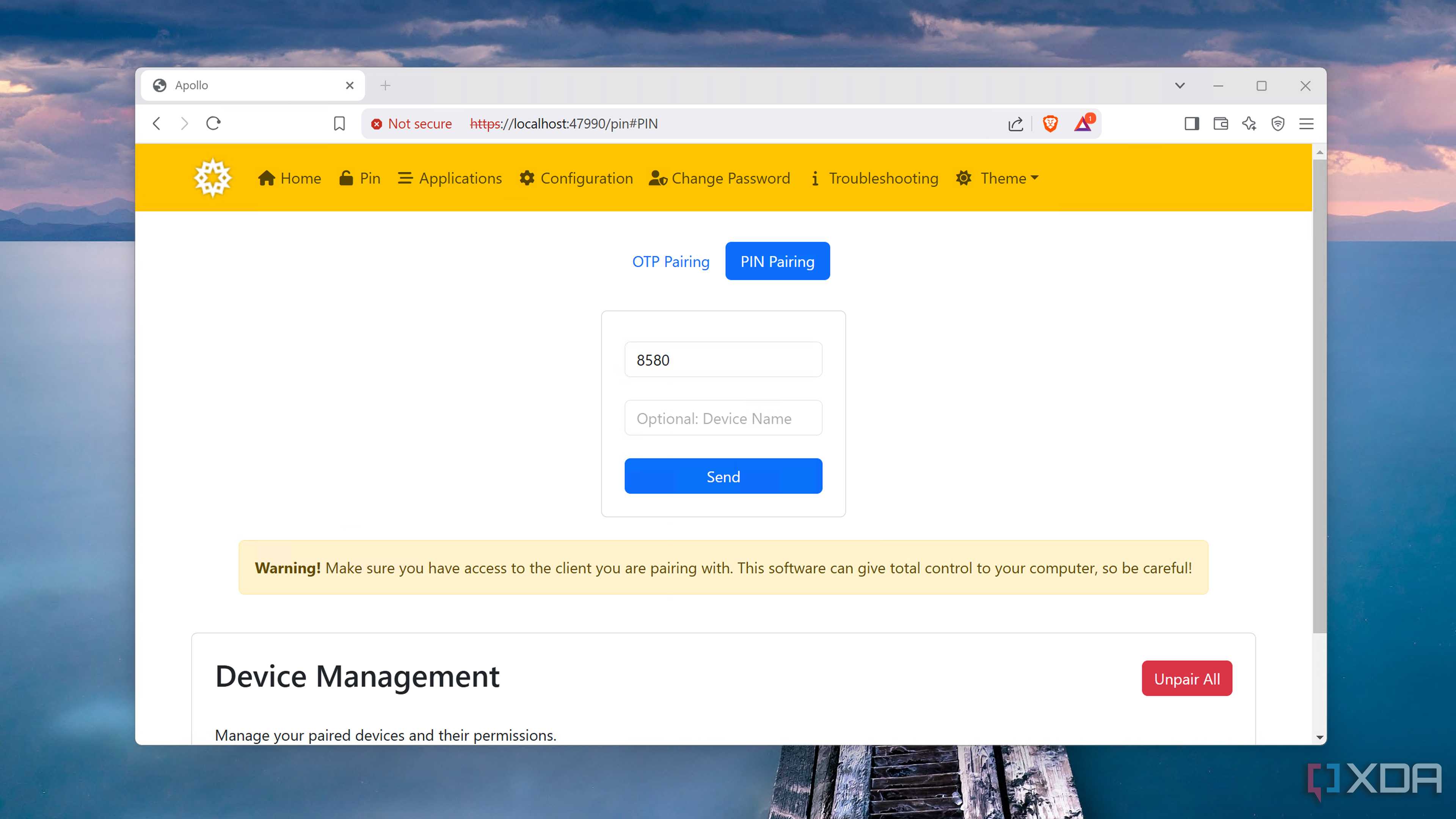 The web UI of the Apollo server