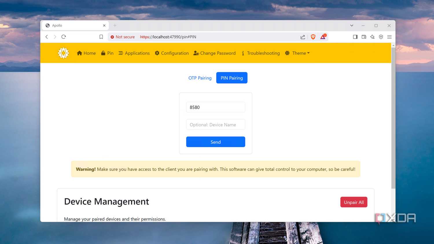 The web UI of the Apollo server
