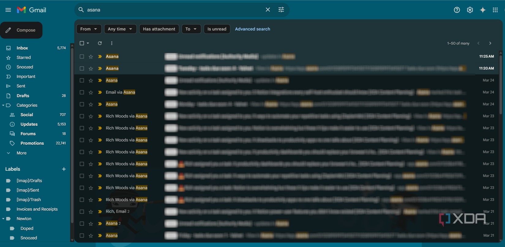 asana updates in a gmail inbox