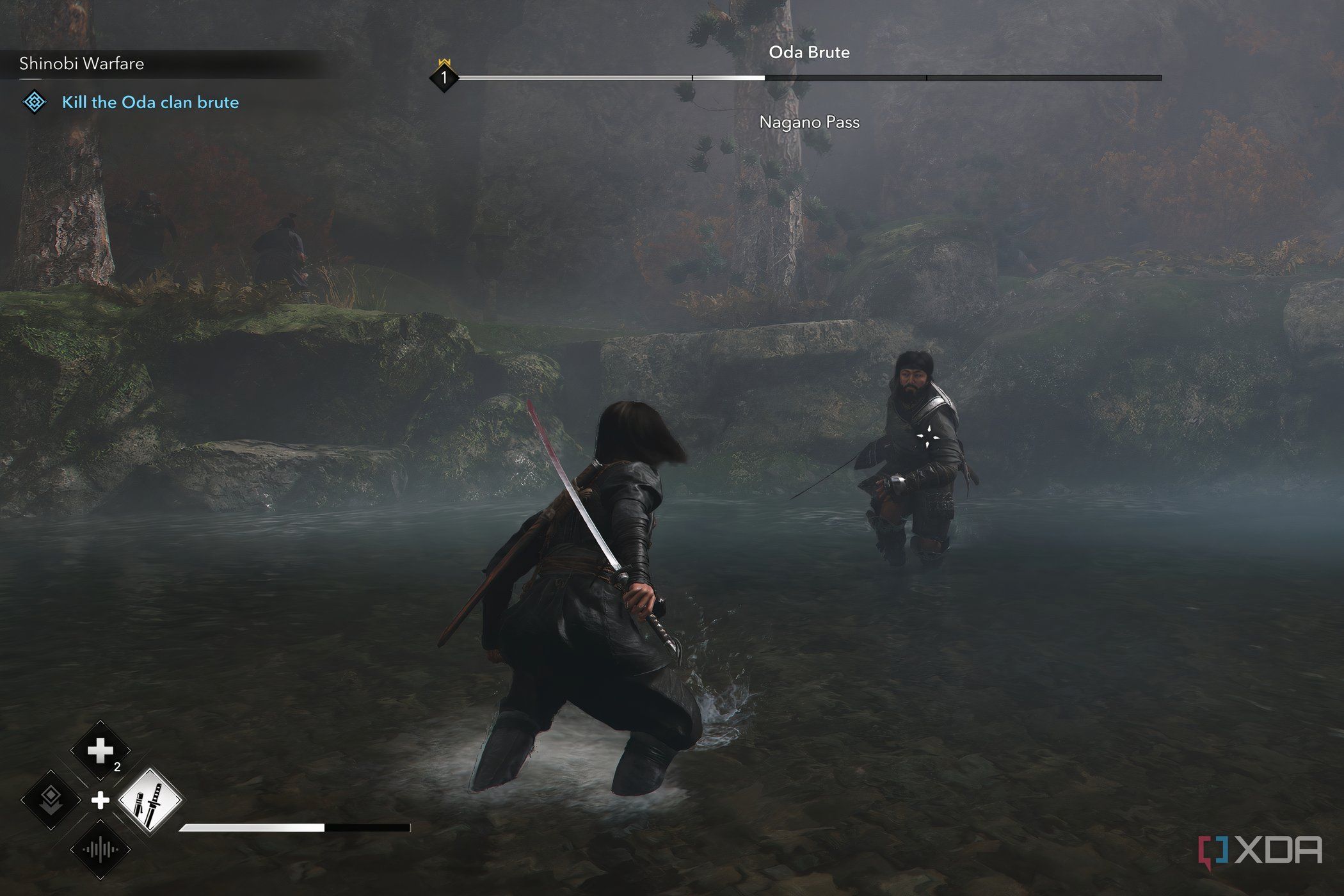 A screenshot from Assassin's Creed Shadows, showing Naoe wielding a sword against an enemy.
