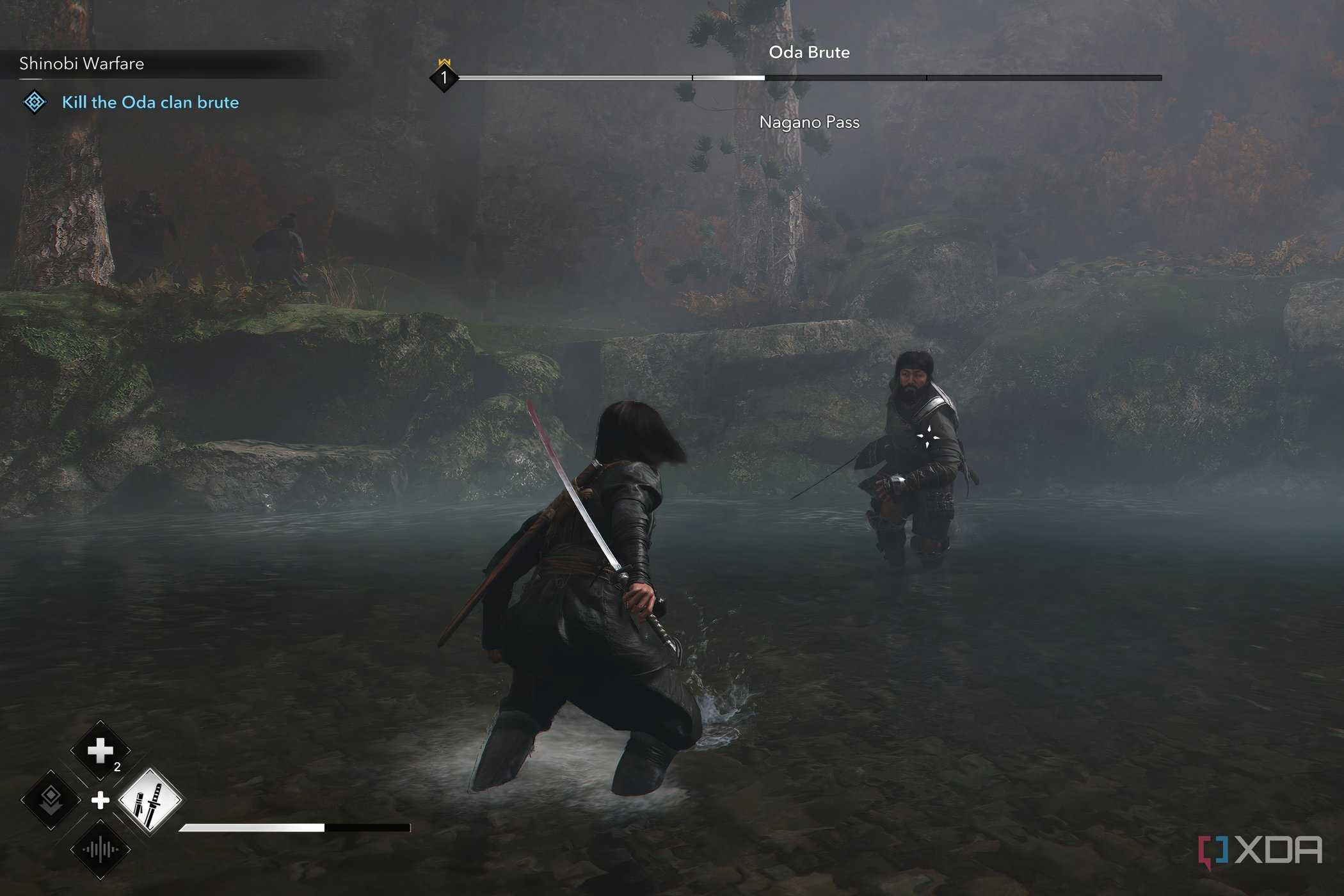 A screenshot from Assassin's Creed Shadows, showing Naoe wielding a sword against an enemy.