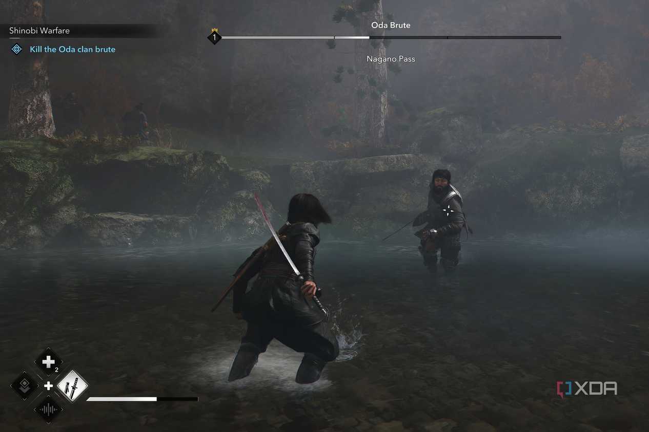 A screenshot from Assassin's Creed Shadows, showing Naoe wielding a sword against an enemy.