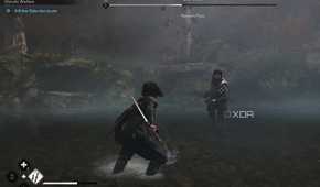 A screenshot from Assassin's Creed Shadows, showing Naoe wielding a sword against an enemy.