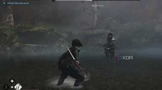 A screenshot from Assassin's Creed Shadows, showing Naoe wielding a sword against an enemy.