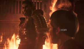 An image from Assasin's Creed Shadows, showing Yasuke the Samurai in a fiery room.