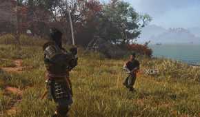 A screenshot from Assassin's Creed Shadows, showing Yasuke ready himself for battle against another sword-wielding man.