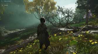 A screenshot from Assassin's Creed Shadows, showing Naoe, the protagonist, standing while surrounded by foliage.