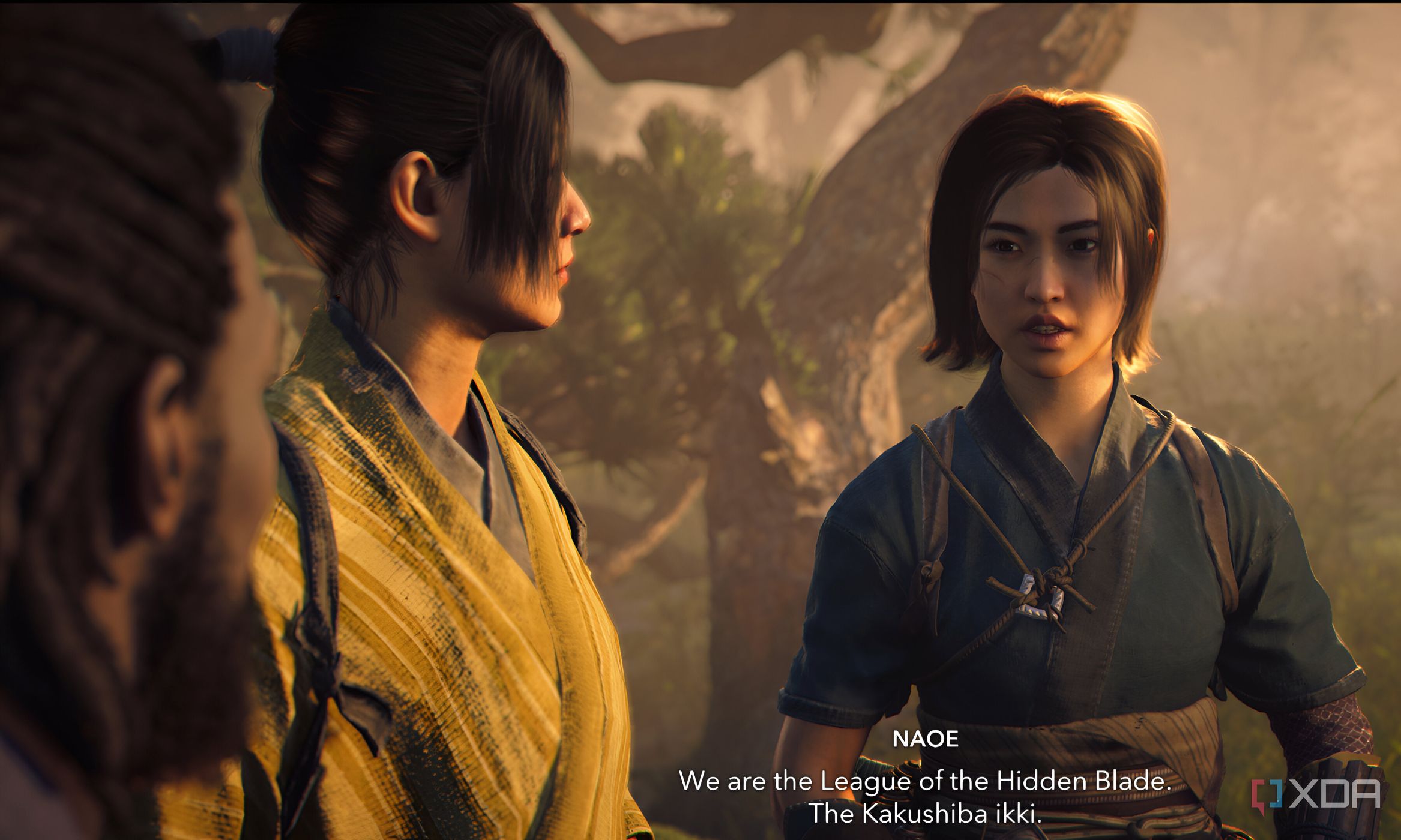 A screenshot from Assassin's Creed Shadows, showing Naoe, Yasuke, and another woman.