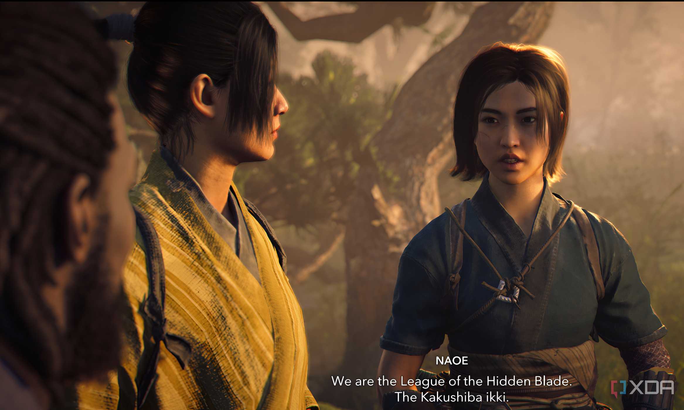 A screenshot from Assassin's Creed Shadows, showing Naoe, Yasuke, and another woman.