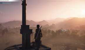 A screenshot from Assassin's Creed Shadows, showing Naoe, the protagonist, standing atop a high point, looking at a mist-shrouded mountainside.