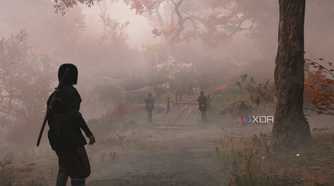 A screenshot from Assassin's Creed Shadows, showing Naoe walking down a mist-covered mountain trail.