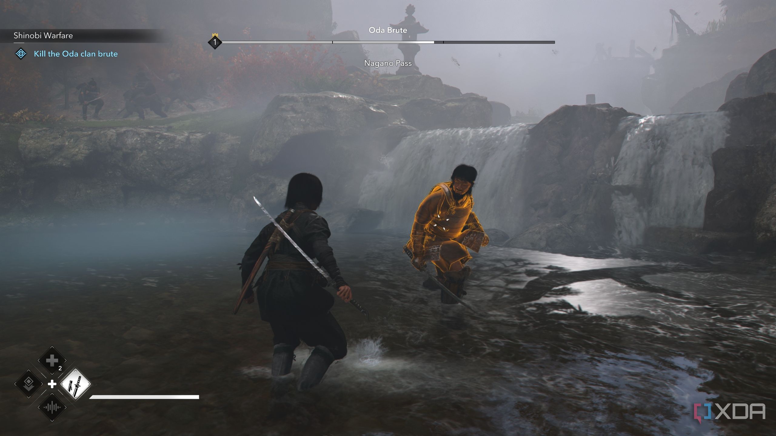 A screenshot from Assassin's Creed Shadows, showing Naoe, the female protagonist, in combat with a man.