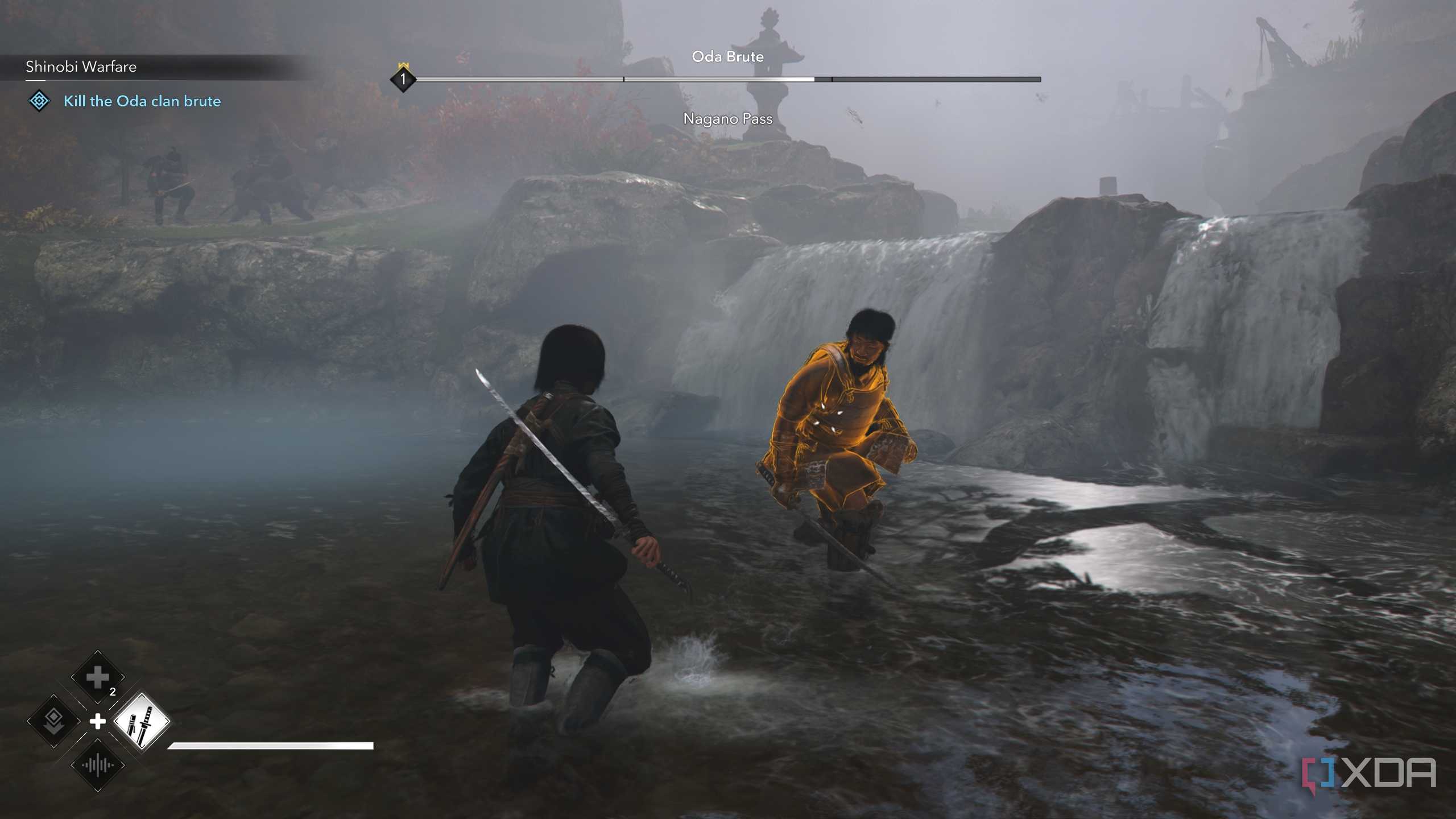 A screenshot from Assassin's Creed Shadows, showing Naoe, the female protagonist, in combat with a man.